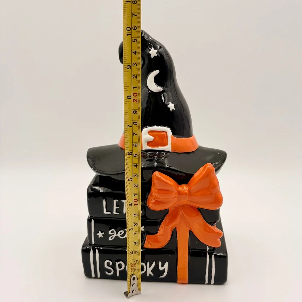 Halloween Ceramic Witch Hat Stacked Books Let's Get Spooky Candy Jar Black